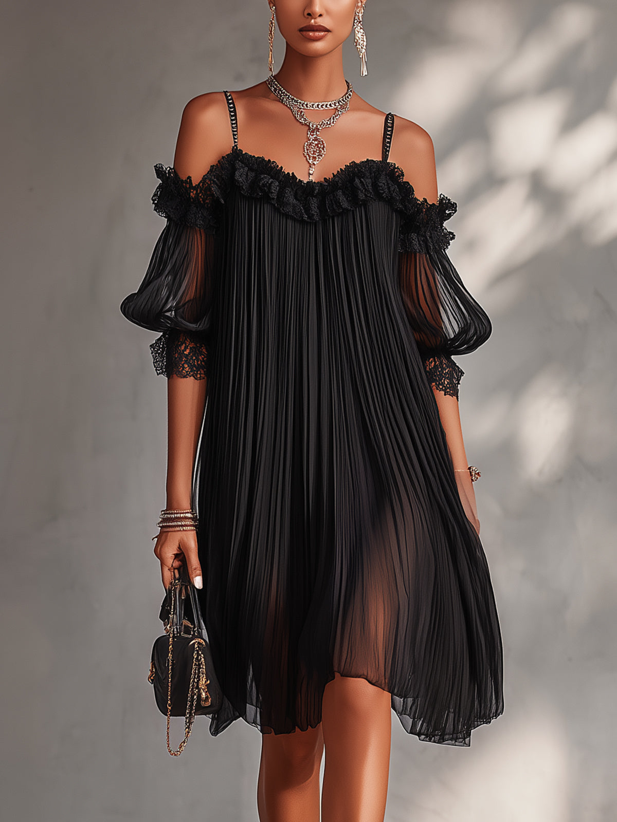 Damen Elegantes Minikleid aus Musselin mit Spitze