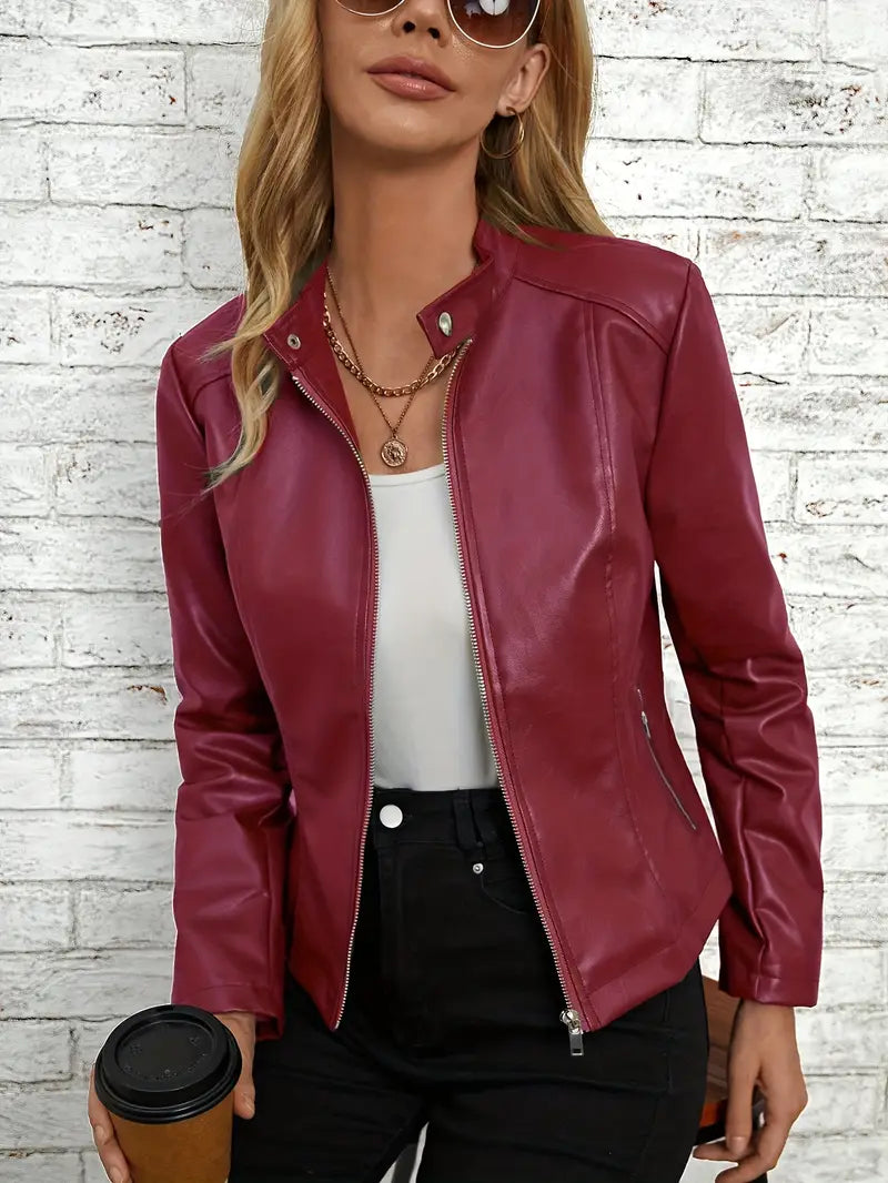 Raffinierte Lederjacke Lange Ärmel mit Reißverschluss und Taschen