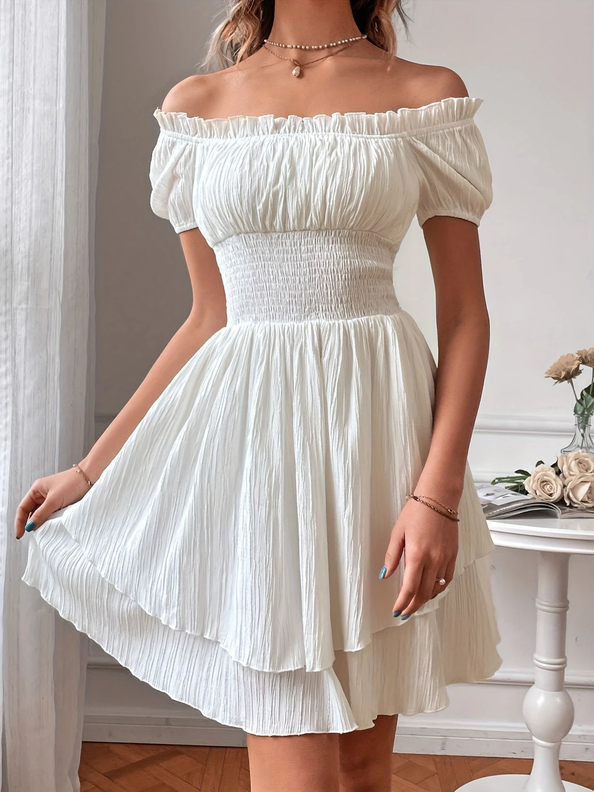 Elegantes Schulterfrei A-Linien Mini-Kleid für Damen Rüschendes Oberteil