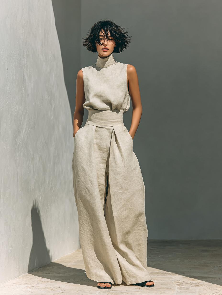 Damen Elegantes Ärmelloses Blusen- und Weite-Hosen-Set