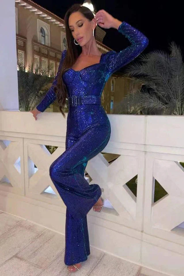 Pailletten-Jumpsuit mit Korsett-Detail und ausgestelltem Bein