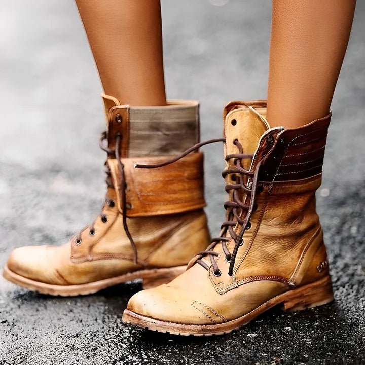 Retro-Vintage-Lederstiefeletten mit Schnürung für Damen