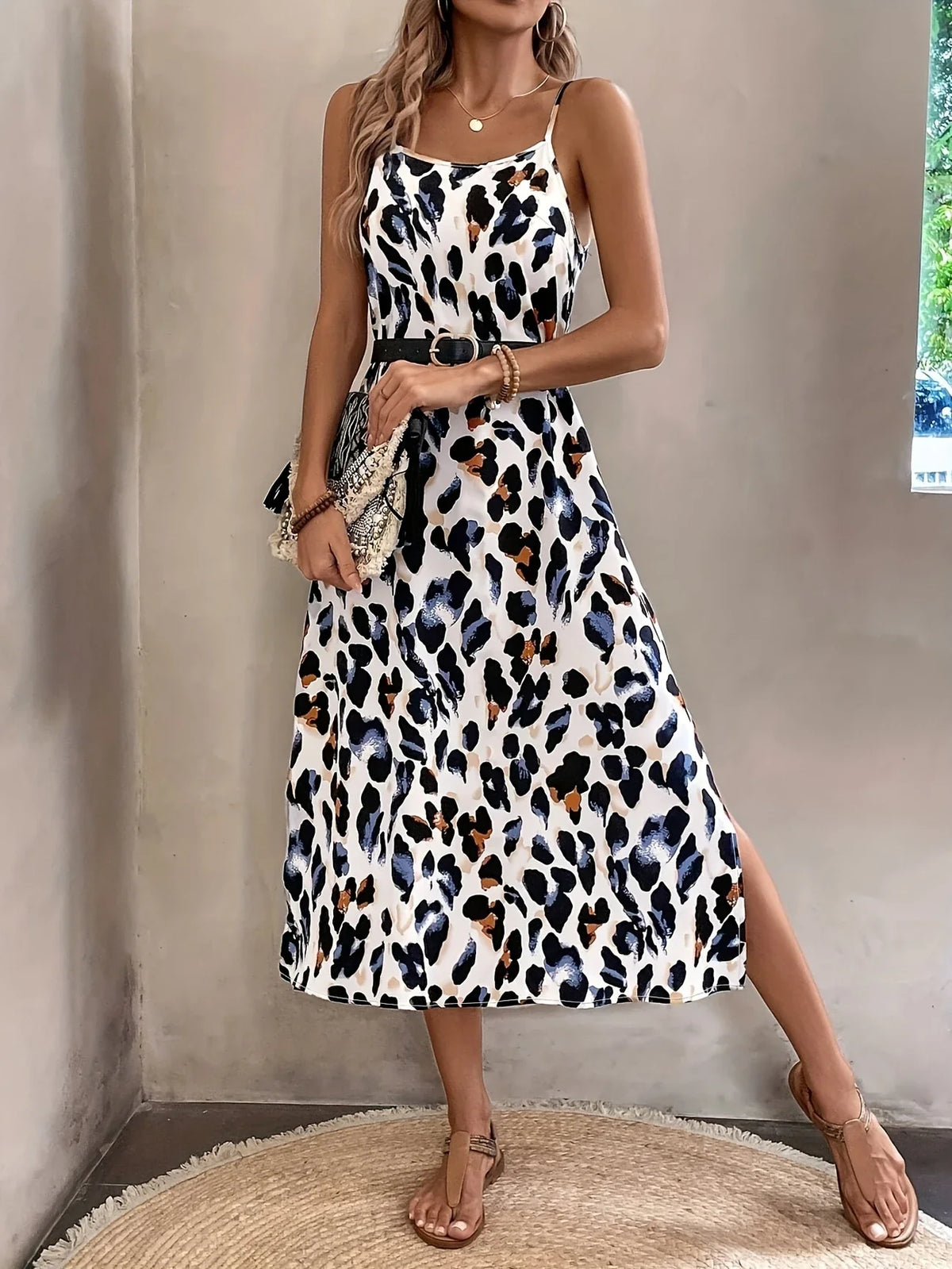 Leopardenmuster Sommerkleid Elegantes Spaghetti-Träger Kleid mit Schlitz