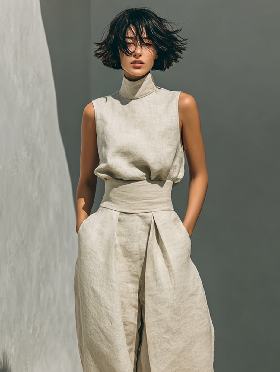 Damen Elegantes Ärmelloses Blusen- und Weite-Hosen-Set