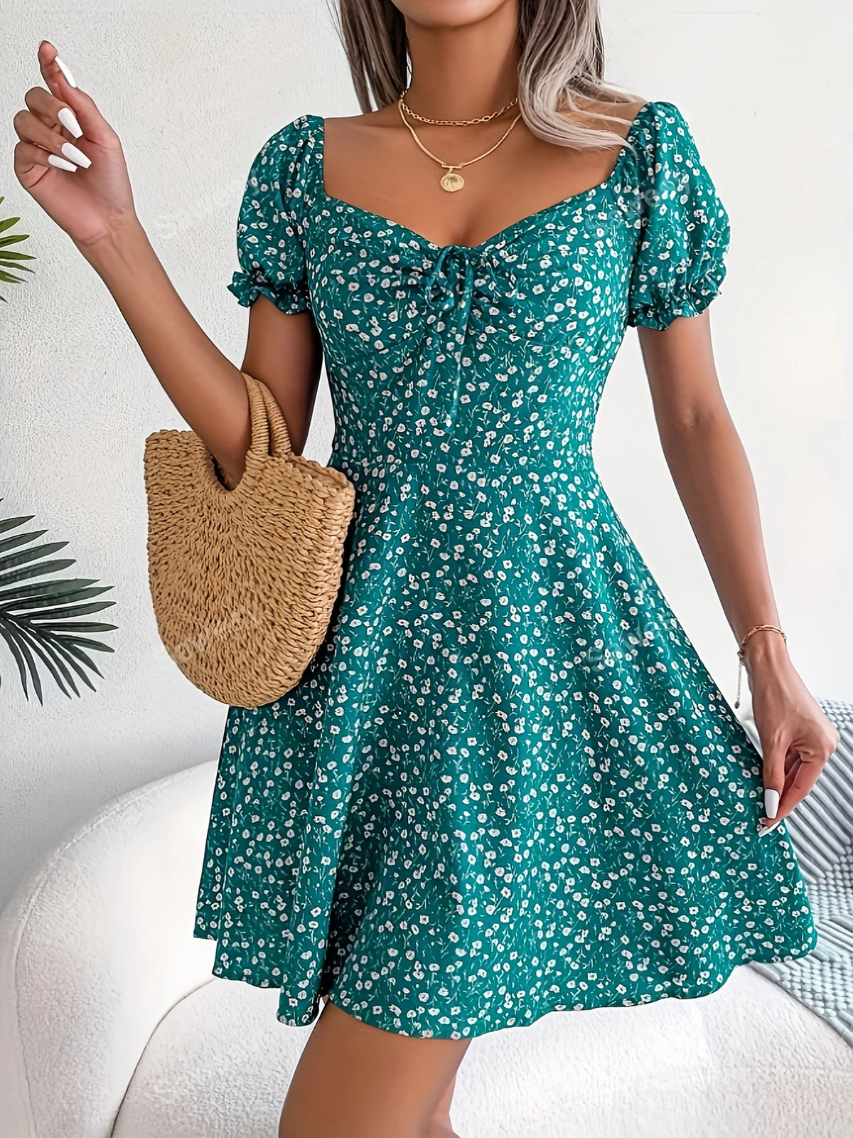 Bohème Blumendruck Schößchen Kleid Lässiges Sommerkleid mit Salatbordüre