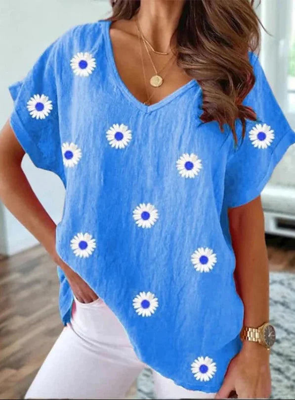 V-Ausschnitt T-Shirt mit 3D-Blumenprint