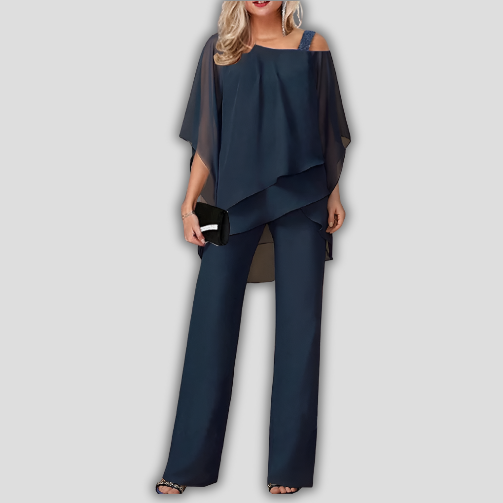Eleganter zweiteiliger Chiffon-Hosenanzug mit mehrlagigem Cape-Oberteil