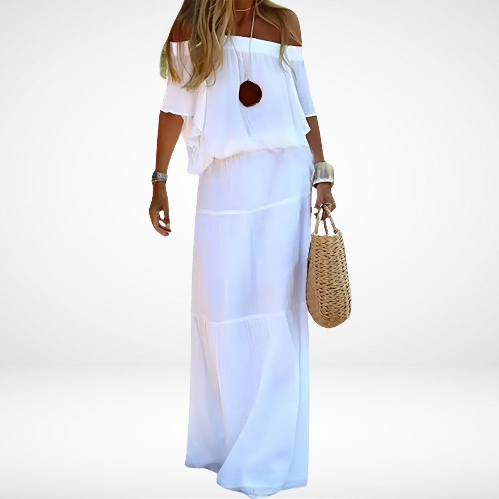 Elegantes weißes schulterfreies Maxi-Strandkleid
