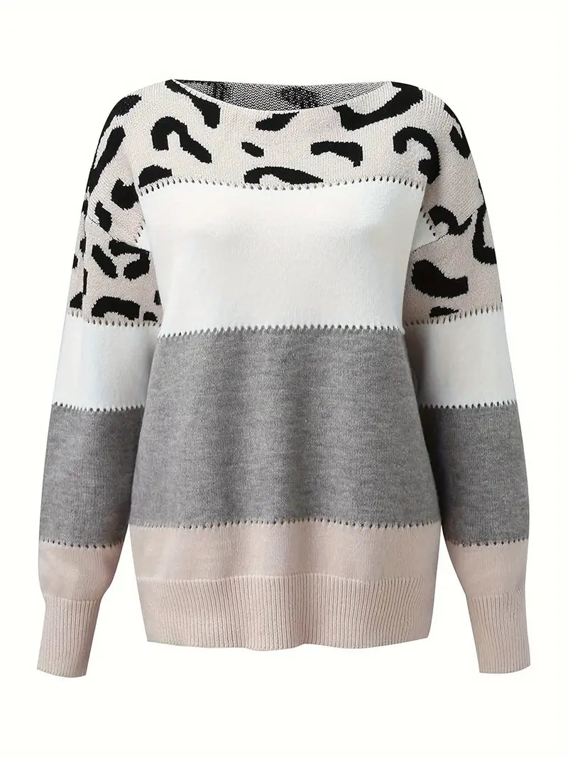 Pullover Rundhalsausschnitt Lange Ärmel Hip Patchwork Leopardenmuster