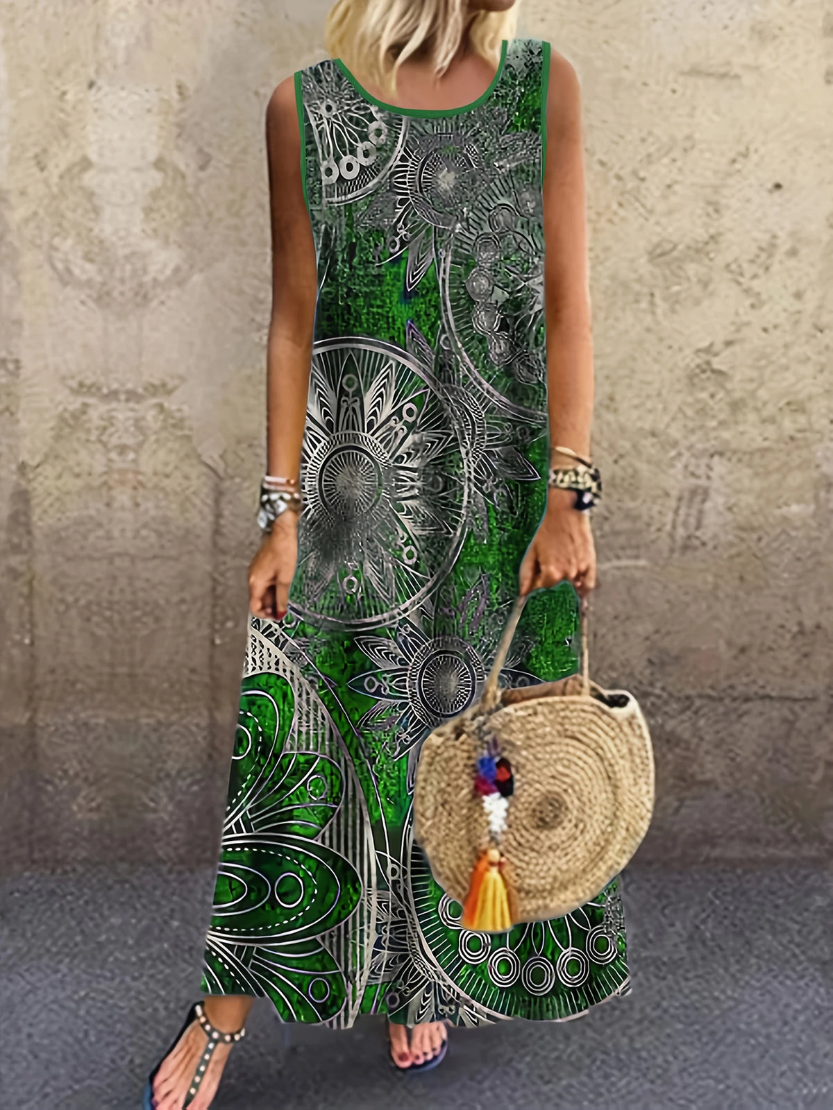 Paisley Druck Ärmelloses Freizeitkleid mit Rundhalsausschnitt für Outdoor & Alltag