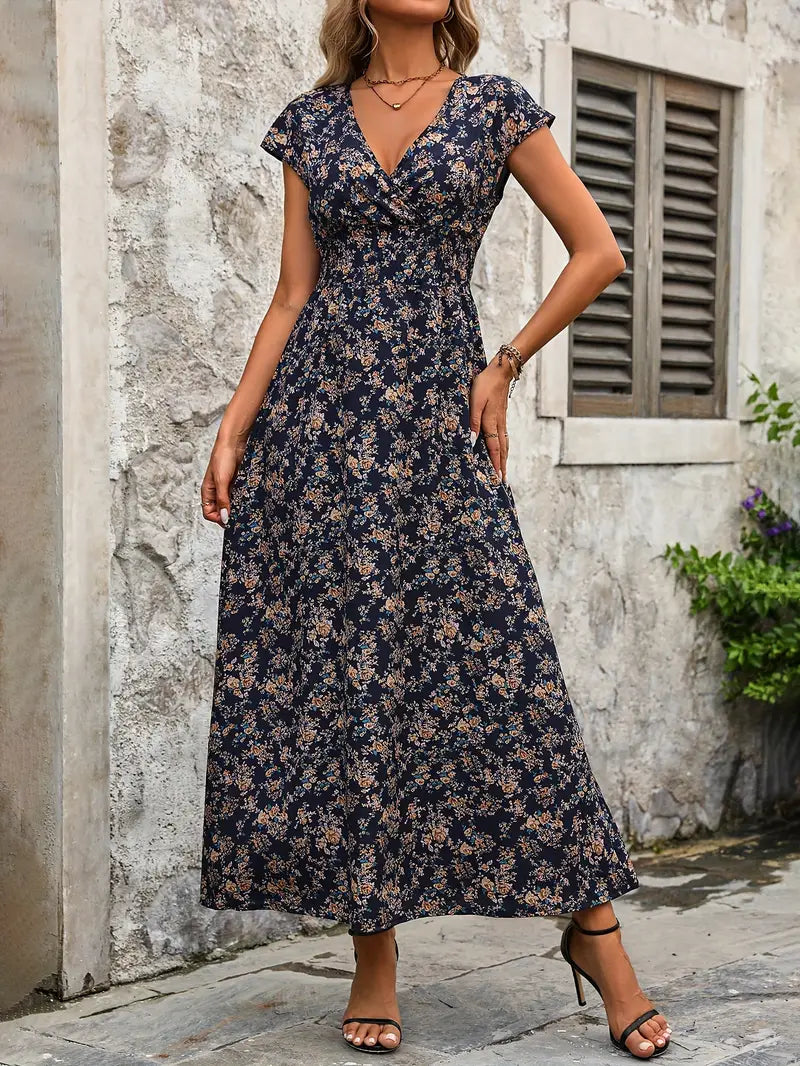 Blau-weißes Maxikleid - V-Ausschnitt mit Blumenmuster und Schleifengürtel