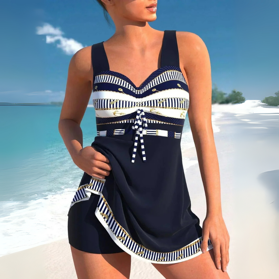 Gerafftes Tankini-Badekleid für Damen mit Aztekenmuster