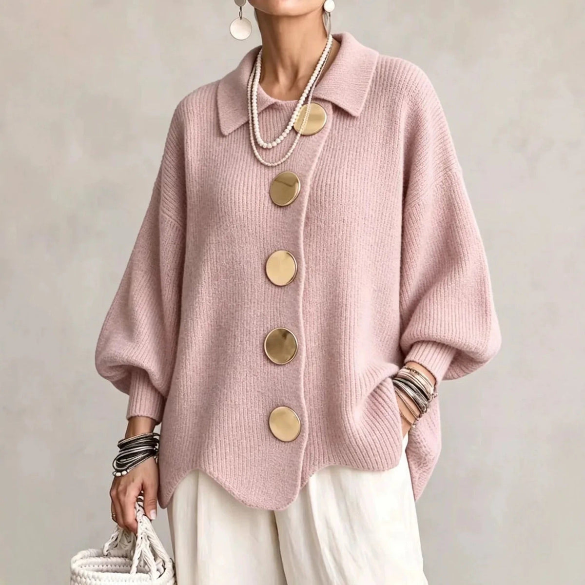 Damen Oversize Strickjacke mit Kragen und Knopfleiste