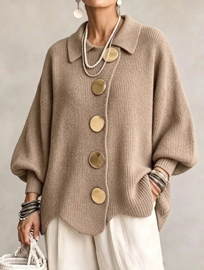 Damen Oversize Strickjacke mit Kragen und Knopfleiste