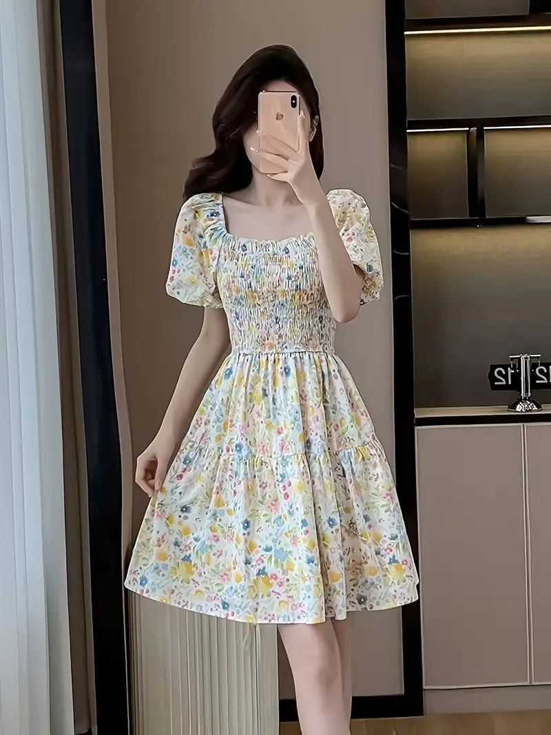 Gelbes Blumenkleid - Quadratischer Ausschnitt & Puffärmel Sommerkleid