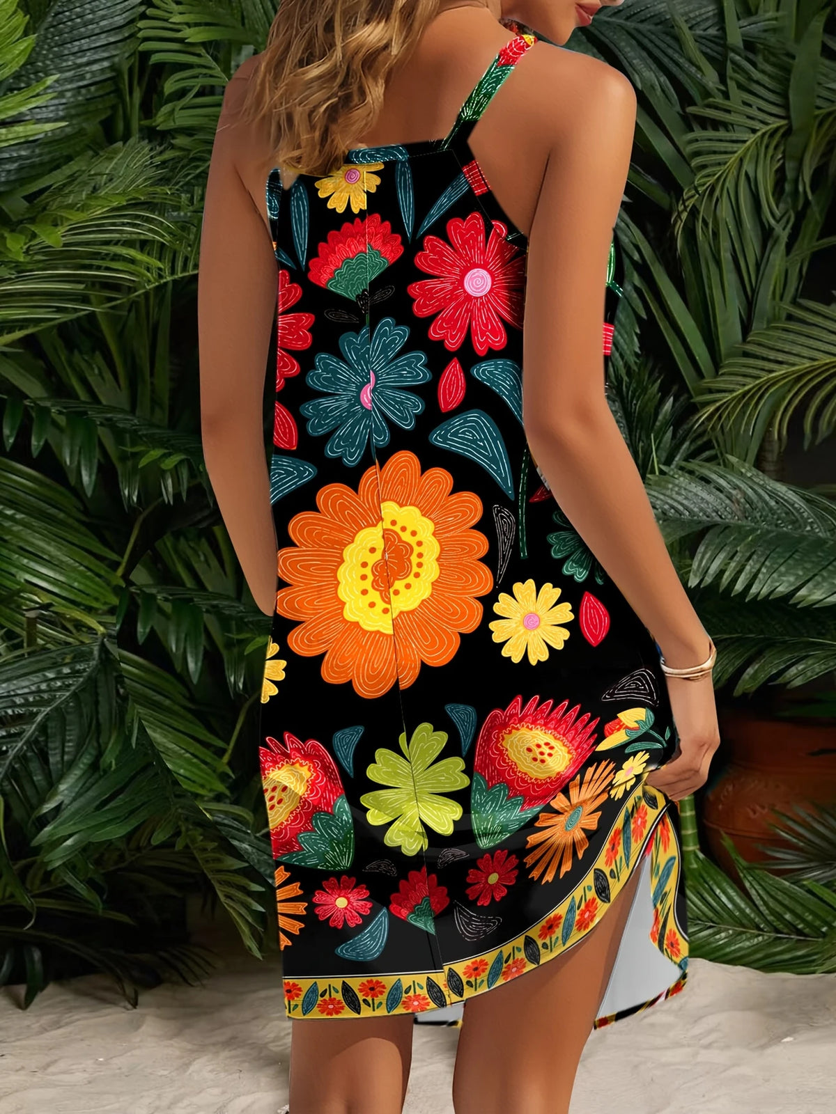 Vibrantes Blumendruck Kleid mit A-Linie – Ärmelos Polyester-Mix Perfekt für Sommer