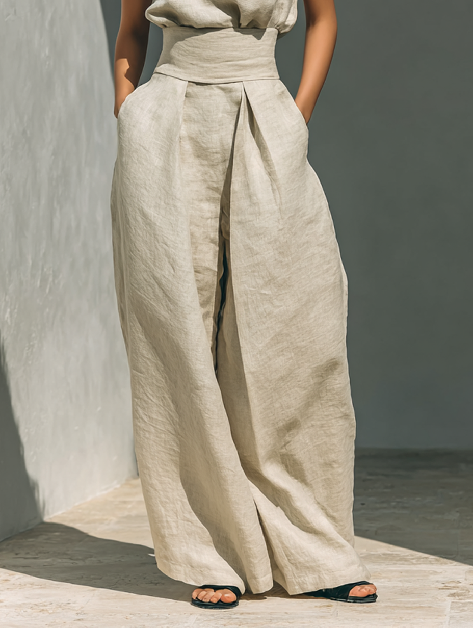 Damen Elegantes Ärmelloses Blusen- und Weite-Hosen-Set