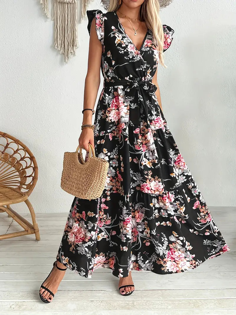 Schwarzes Swingkleid mit Blumenmuster Elegantes Sommerkleid mit Rüschenärmeln und Gürtel