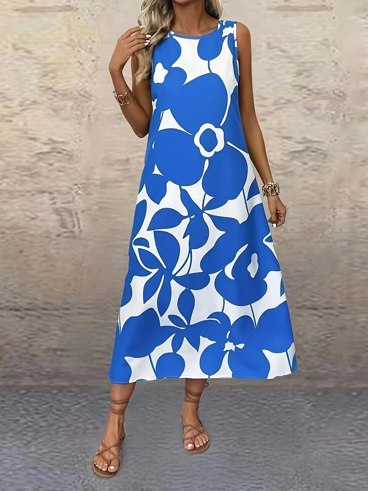 Ärmelloses Kleid mit Blumenmuster und Katzenohren Himmelblau