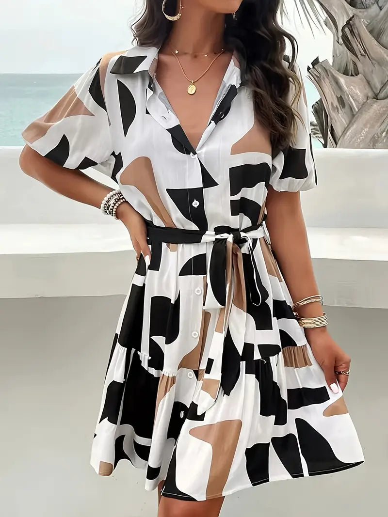 Modisches Kleid mit Knopfleiste - Geometrischer Druck, luftig & trendig für jede Gelegenheit