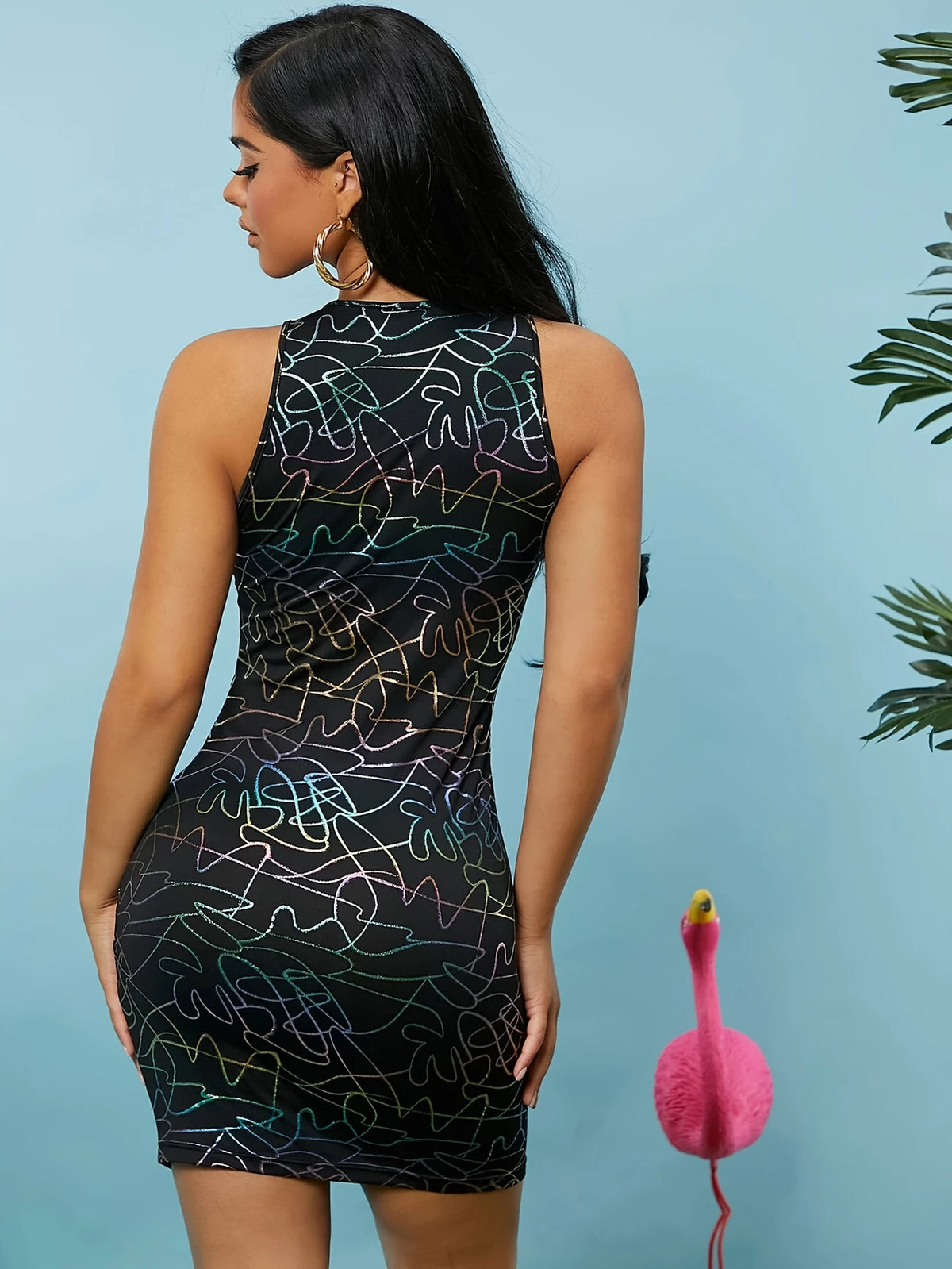 Bodycon Kleid – Allover Print, Rundhals, Ärmellos, Mini Kleid für Sommer, Elegantes Tank Kleid
