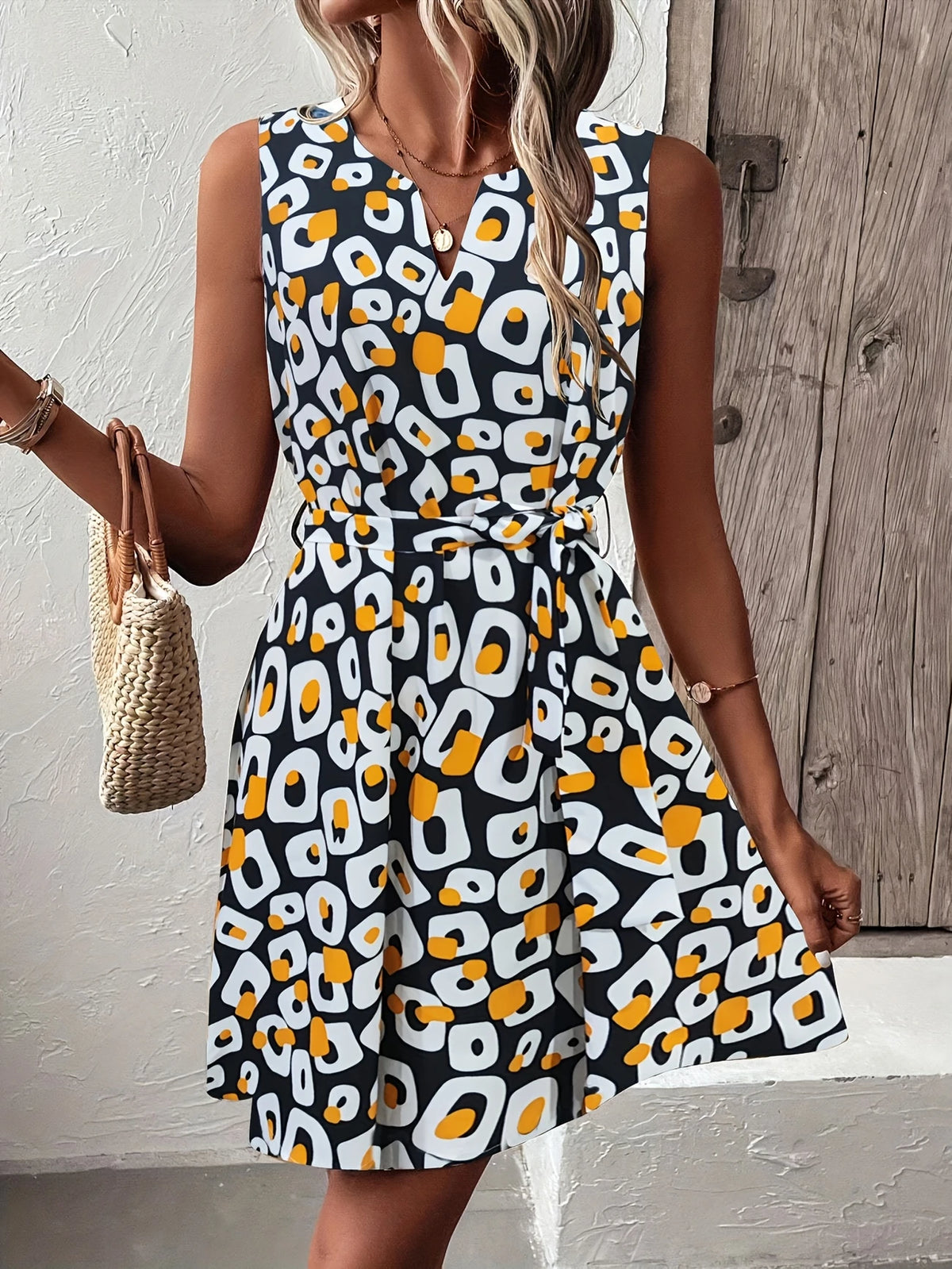 Damen-Minikleid mit Geometrischem Print – Ärmelos, V-Ausschnitt und Flared Saum für Sommer