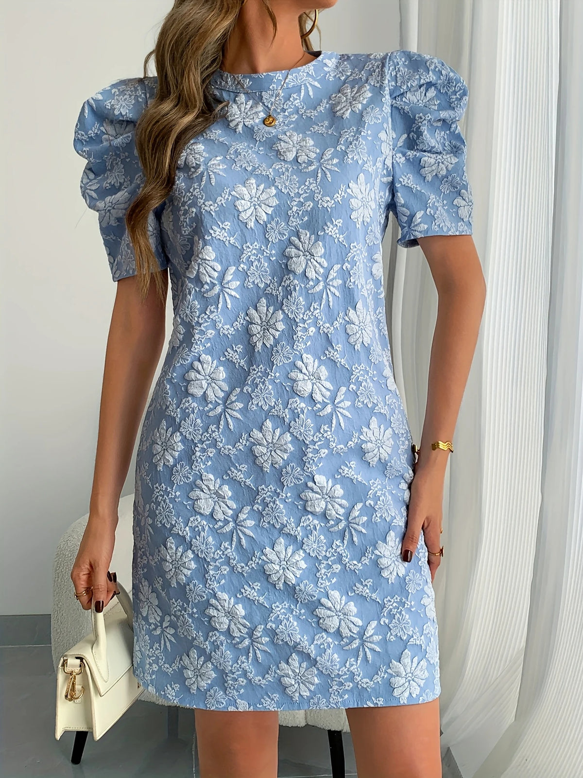 Elegantes Vintage-Kleid – Blumenmuster, Puffärmel, Rundhals, Ideal für Frühling & Sommer, Femininer Look