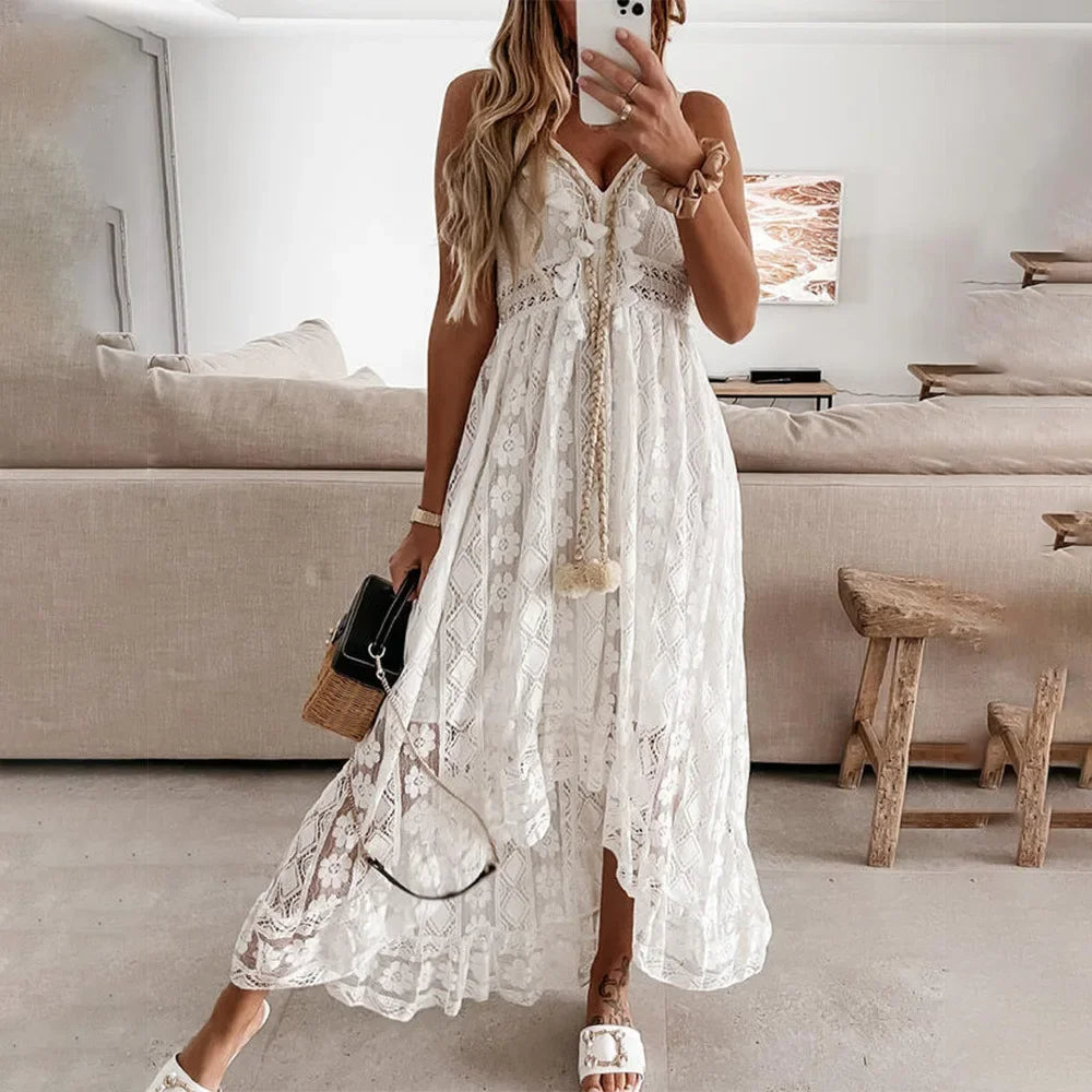 Boho Spitzenkleid zum Binden mit Quasten