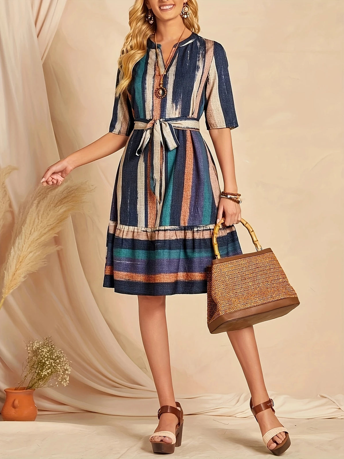 Casual Striped V-Neck Dress für Damen – Taillengürtel & Rüschen-Saum, Halbärmel, Polyester