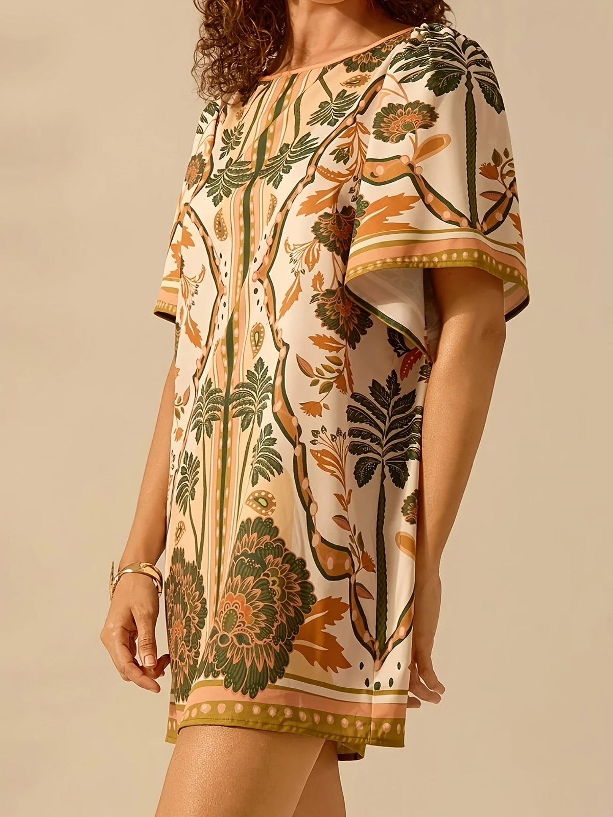 Tropical Print Sommerkleid - Kurze Ärmel, runder Ausschnitt, lässig, luftig & bequem Polyesterkleid