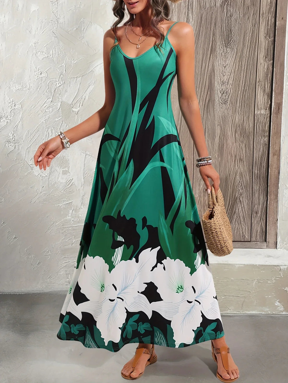 Trägerloses Midikleid aus geblümtem Jersey - V-Ausschnitt, elegantes Sommerkleid aus luftigem Stretch-Stoff, bequemes Strandkleid