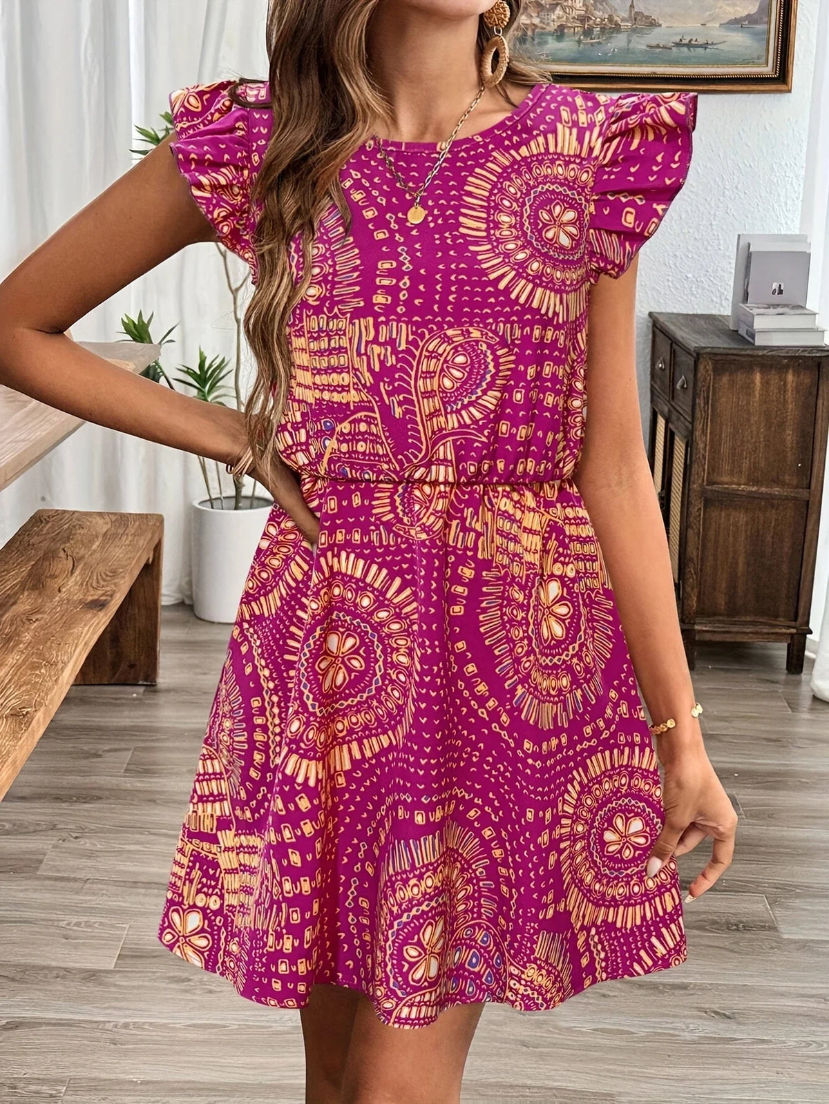 Bohème Sommerkleid für Frauen - Rüschenärmel, rückenfrei, Polyester Minikleid