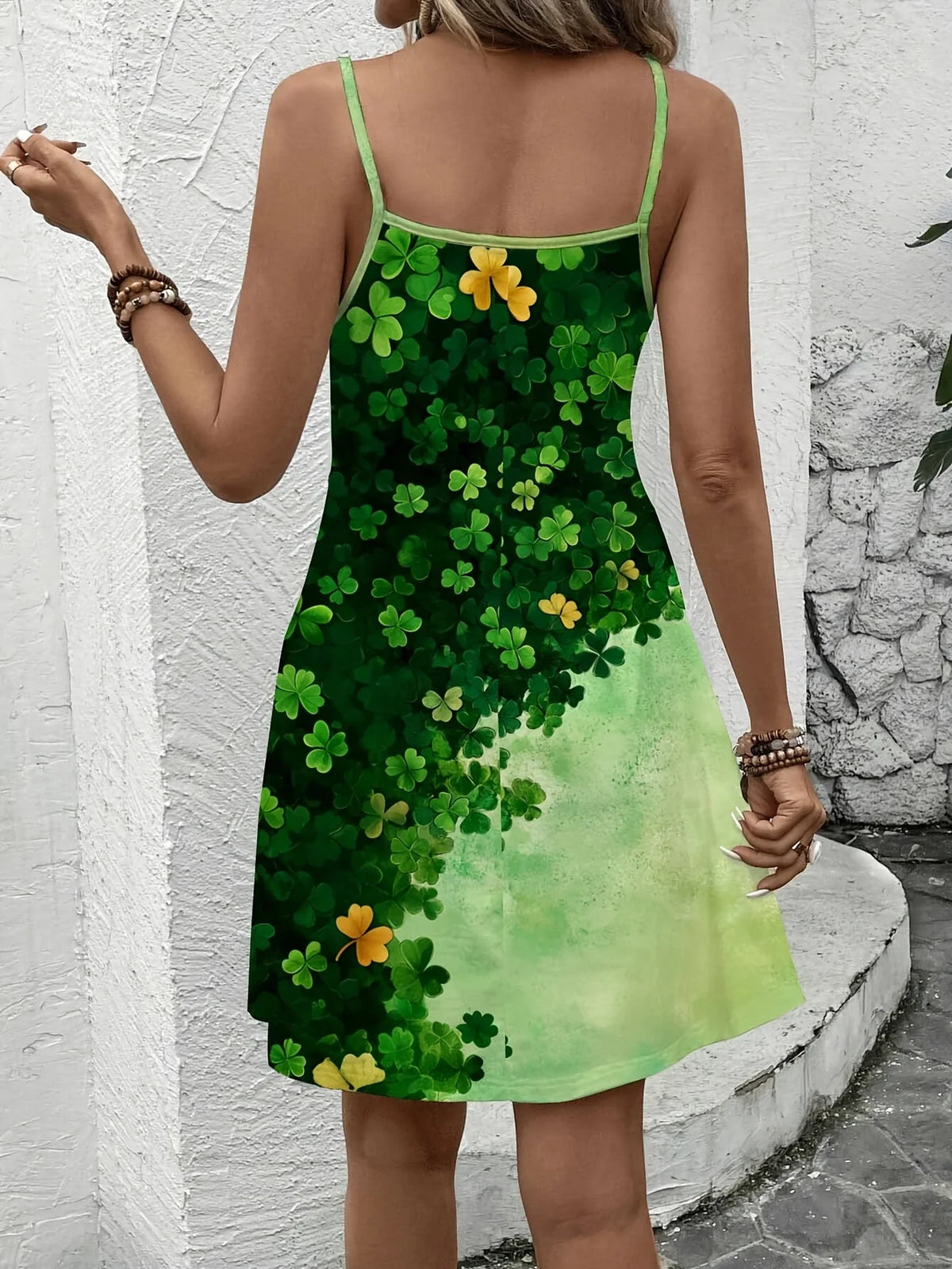 Cami Kleid - Glücksklee Druck, ärmellos, A-Linie, lässig, luftig, bequem, Polyester, elegantes Strandkleid für Damen