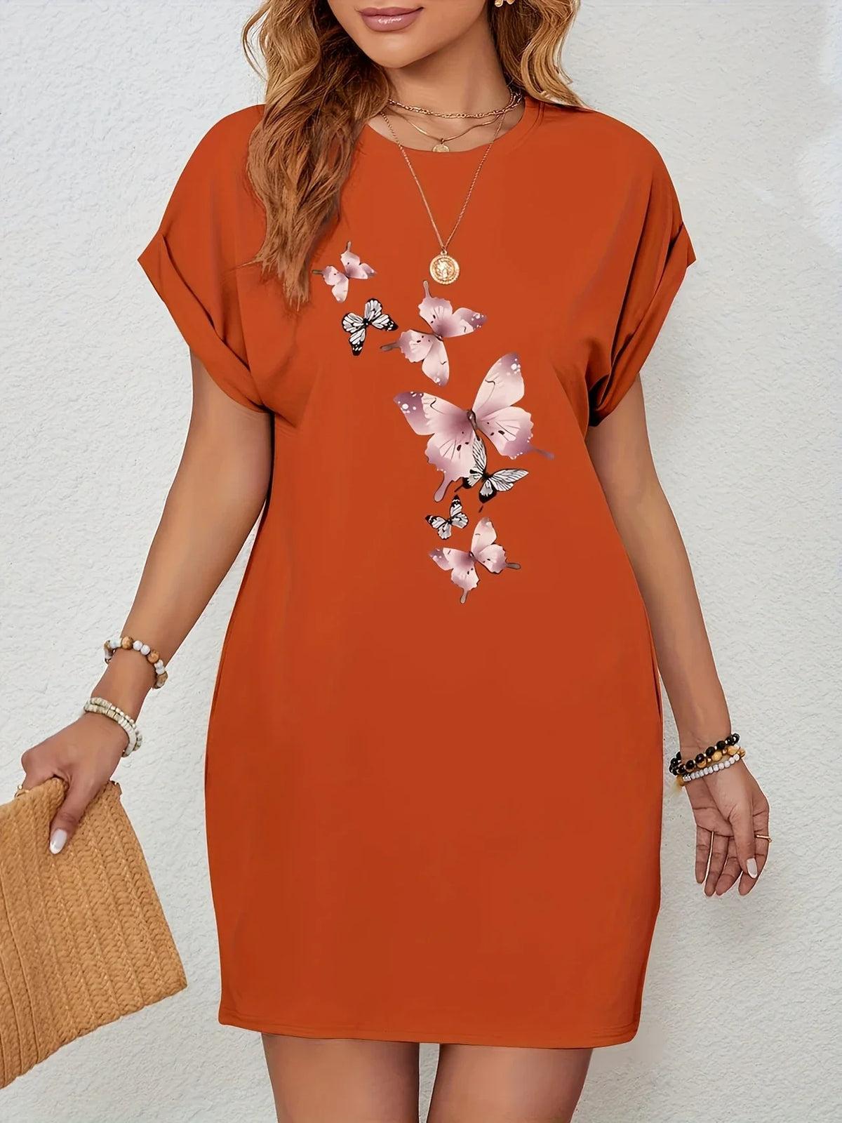 Freies Tunikakleid mit Schmetterlingsprint Mandarine Rot Fledermausärmel & Taschen