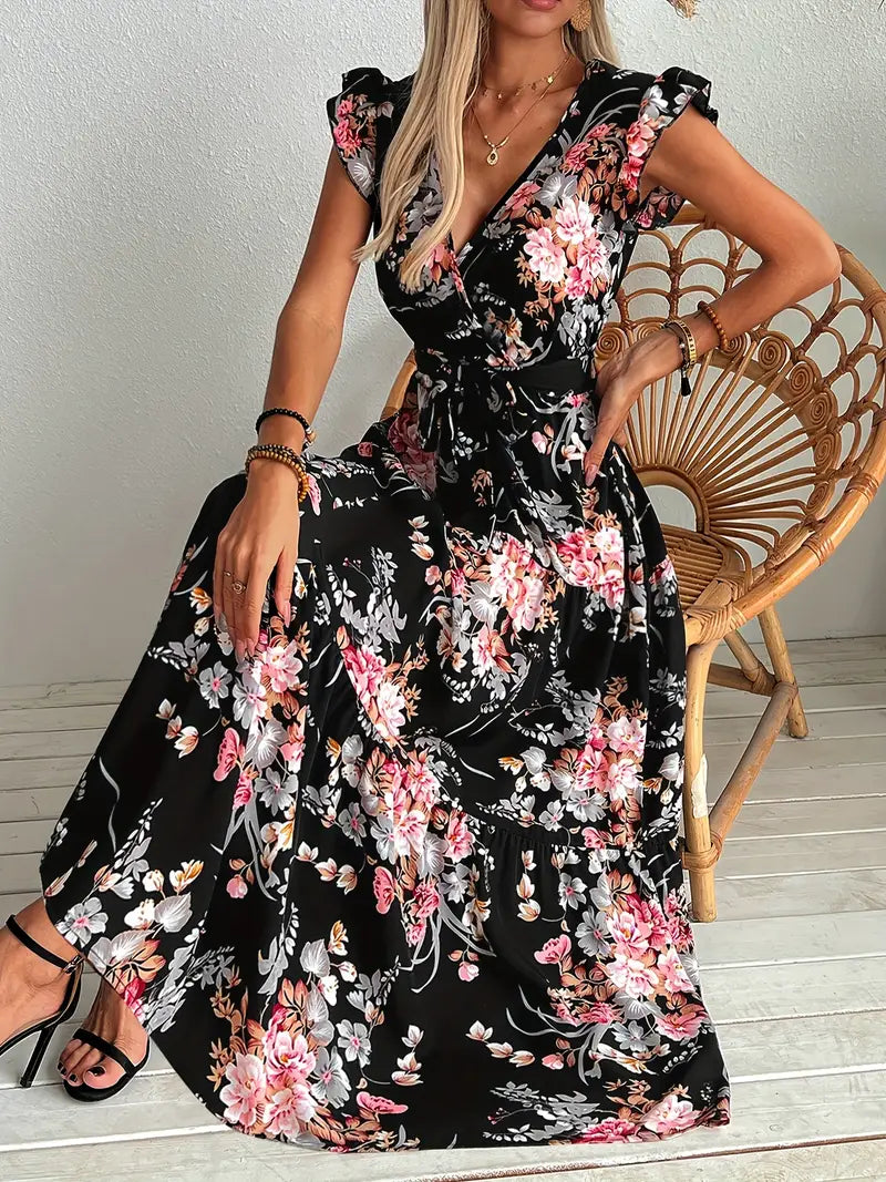 Schwarzes Swingkleid mit Blumenmuster Elegantes Sommerkleid mit Rüschenärmeln und Gürtel