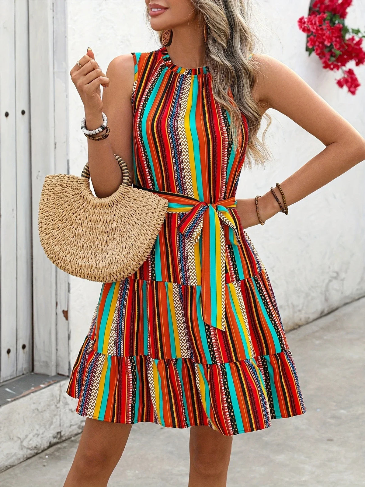 Gratis Regenbogen gestreiftes Sommerkleid ärmellos Rüschen A-Linie