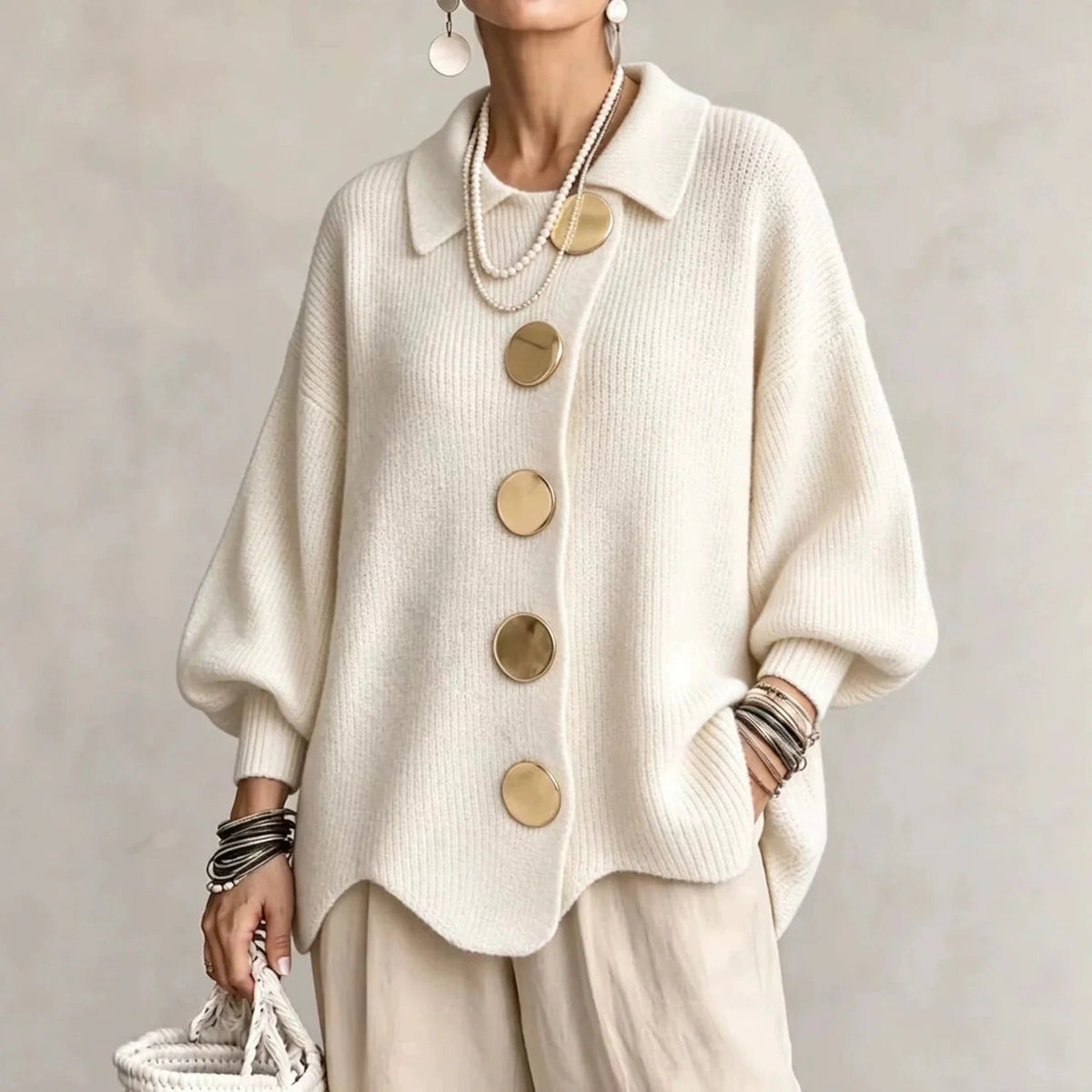 Damen Oversize Strickjacke mit Kragen und Knopfleiste