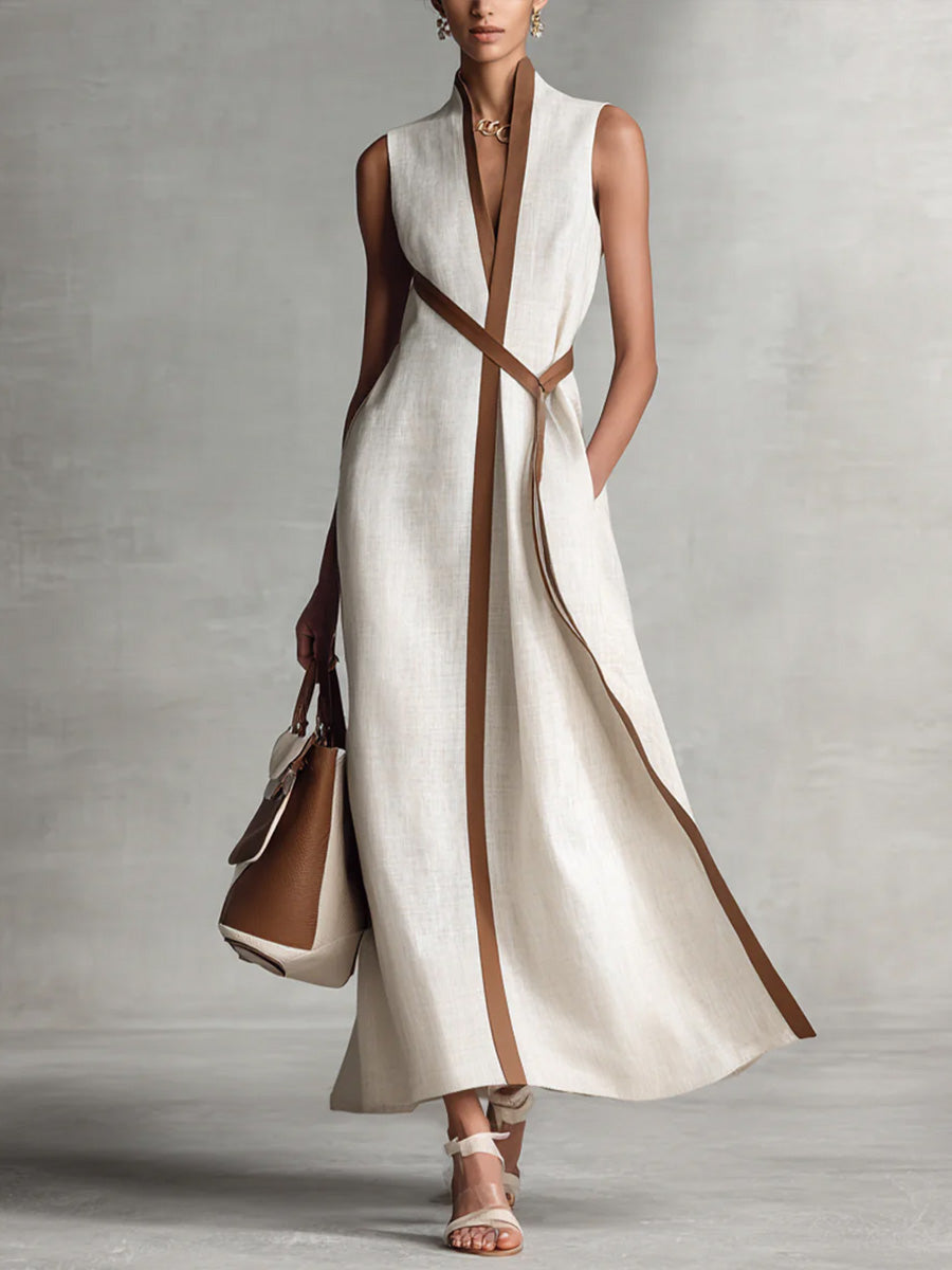 Damen Elegantes Ärmelloses Leinenkleid