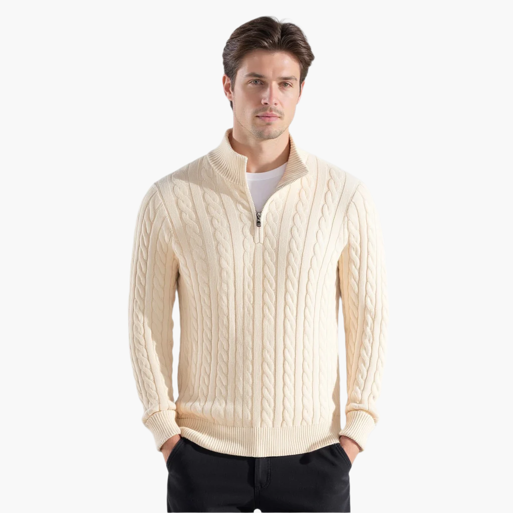 Herren Zip-Pullover Aus Baumwolle mit Zopfmuster