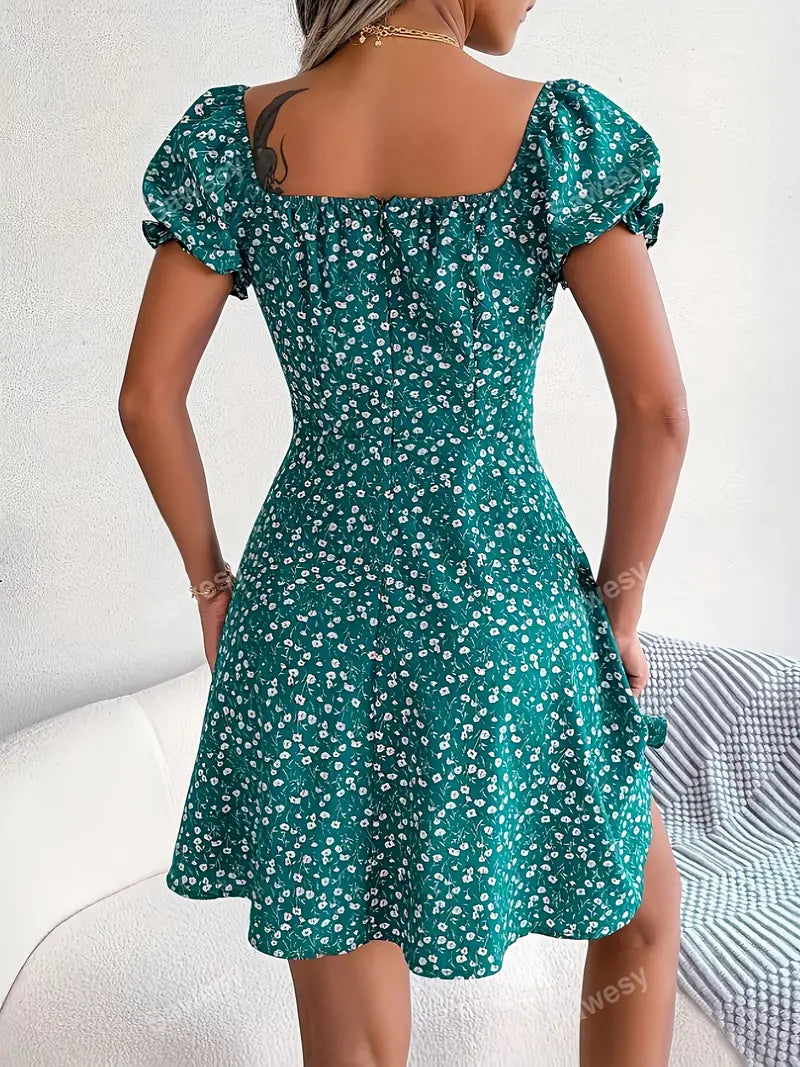 Bohème Blumendruck Schößchen Kleid Lässiges Sommerkleid mit Salatbordüre