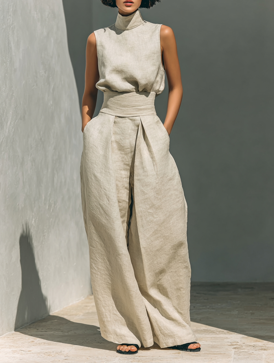 Damen Elegantes Ärmelloses Blusen- und Weite-Hosen-Set