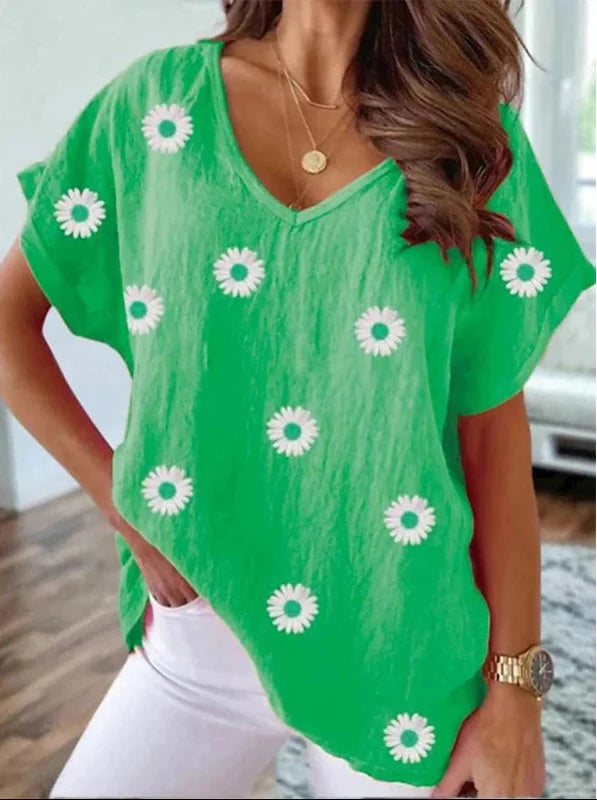 V-Ausschnitt T-Shirt mit 3D-Blumenprint