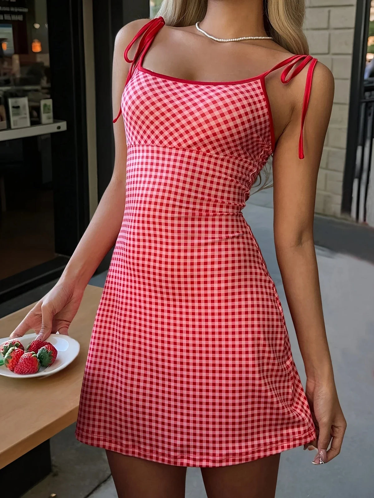 Ärmelloses Gingham Minikleid - Rot & Weiß, Bodycon, eng anliegend, lässig & perfekt für den Sommer