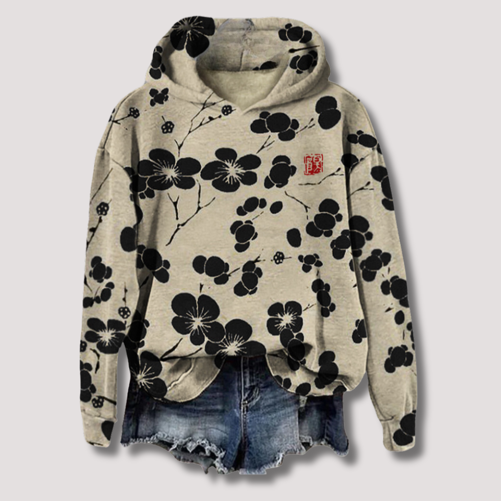 Leichter Pullover mit Blumenmuster und Kapuze