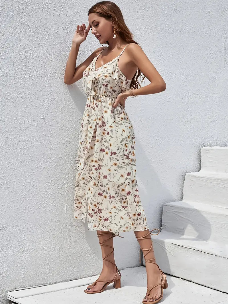 Ärmelloses, florales Midikleid - Elegantes Sommerkleid mit V-Ausschnitt, Rüschen und bequemer Passform