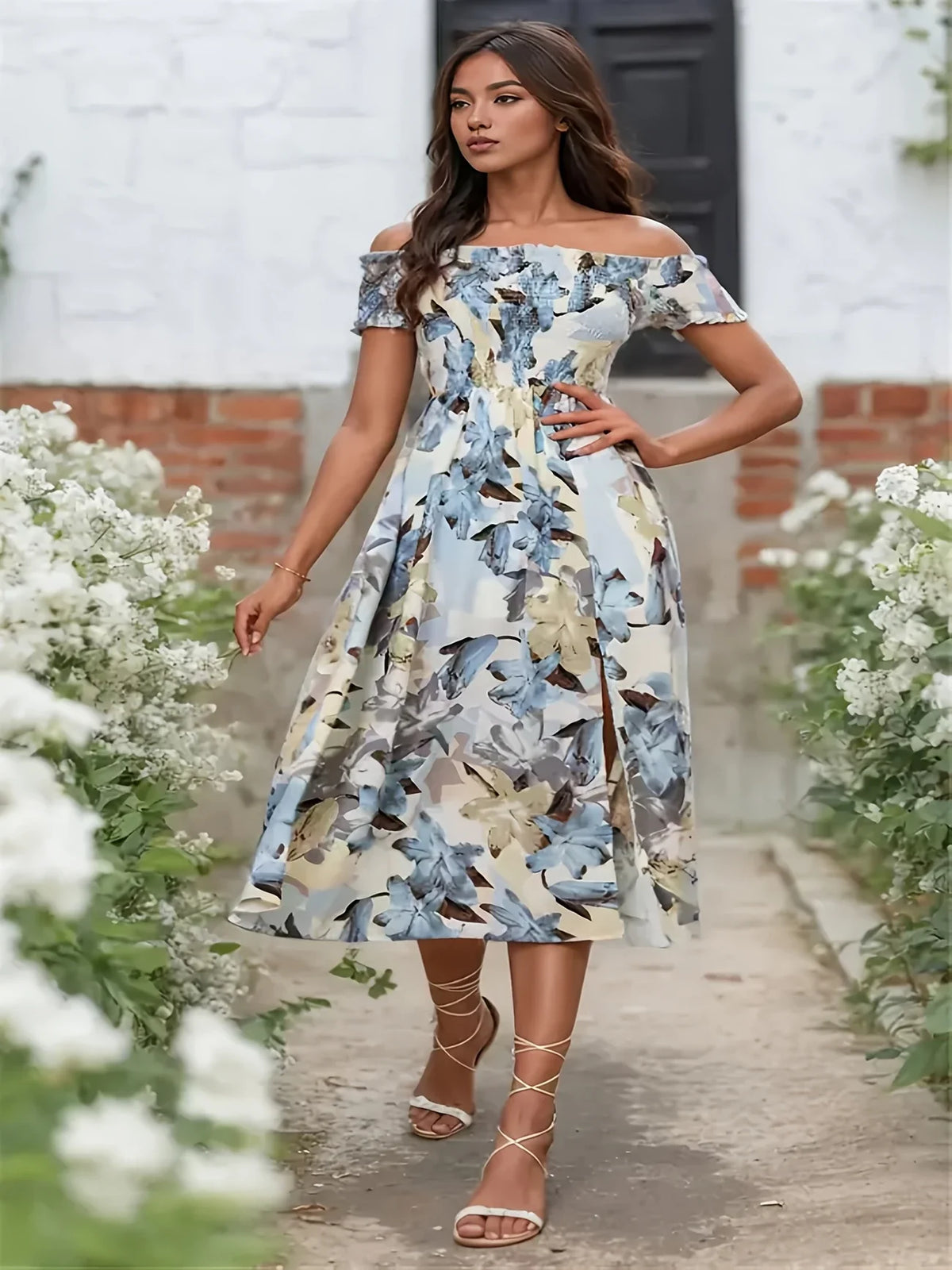 Midi-jurk met print - Korte mouwen, Zijsplit, Elegant, Luchtig, Machinewasbaar, Polyester, Casual zomerjurk
