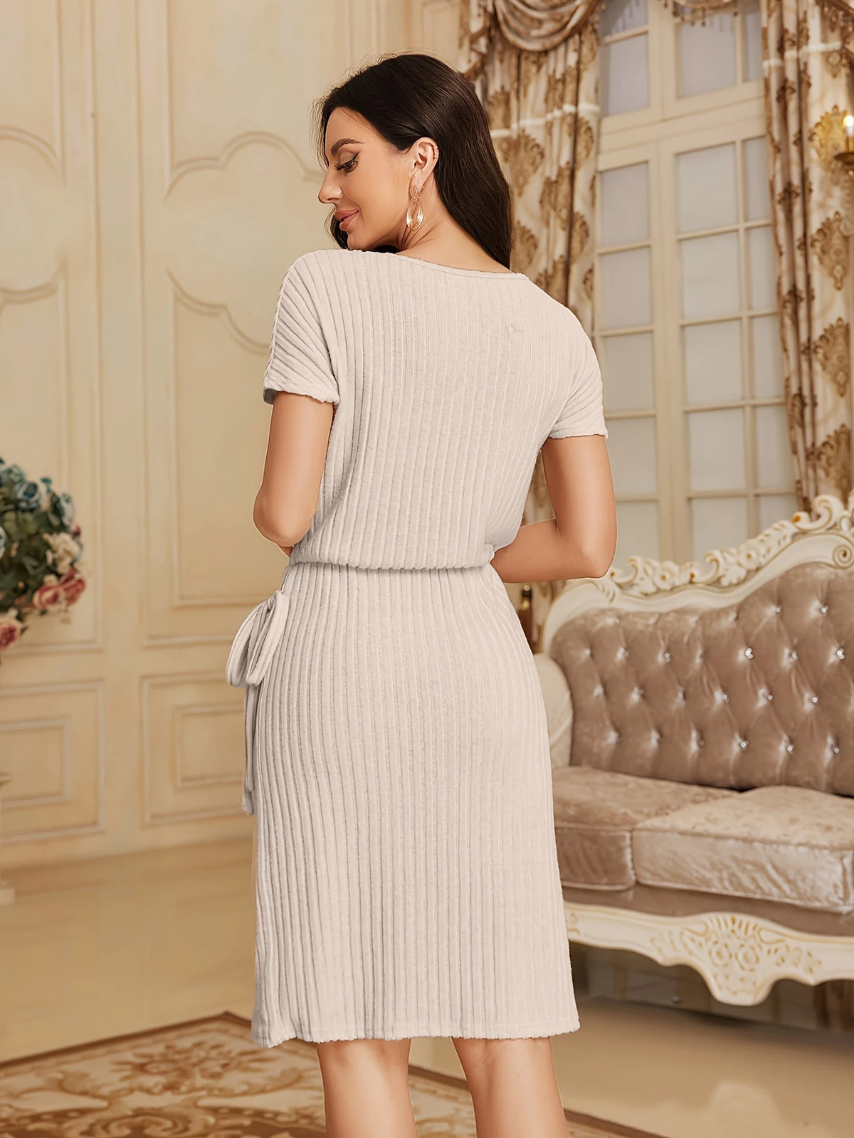 Damenkleid – Knielang, Batwing-Ärmel, Knotendetail & Rippstruktur, Perfekt für Frühling & Sommer