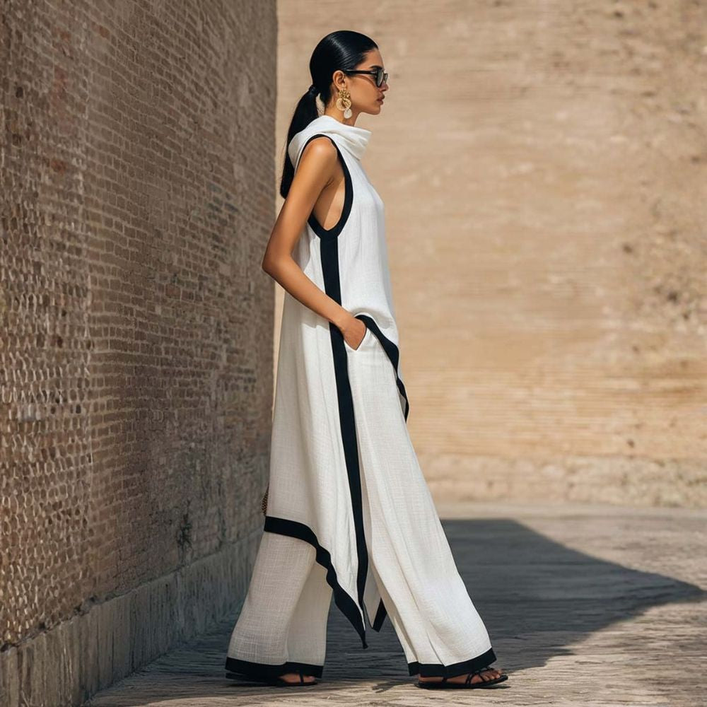Damen Elegantes Ärmelloses Top- und Weite-Hosen-Set