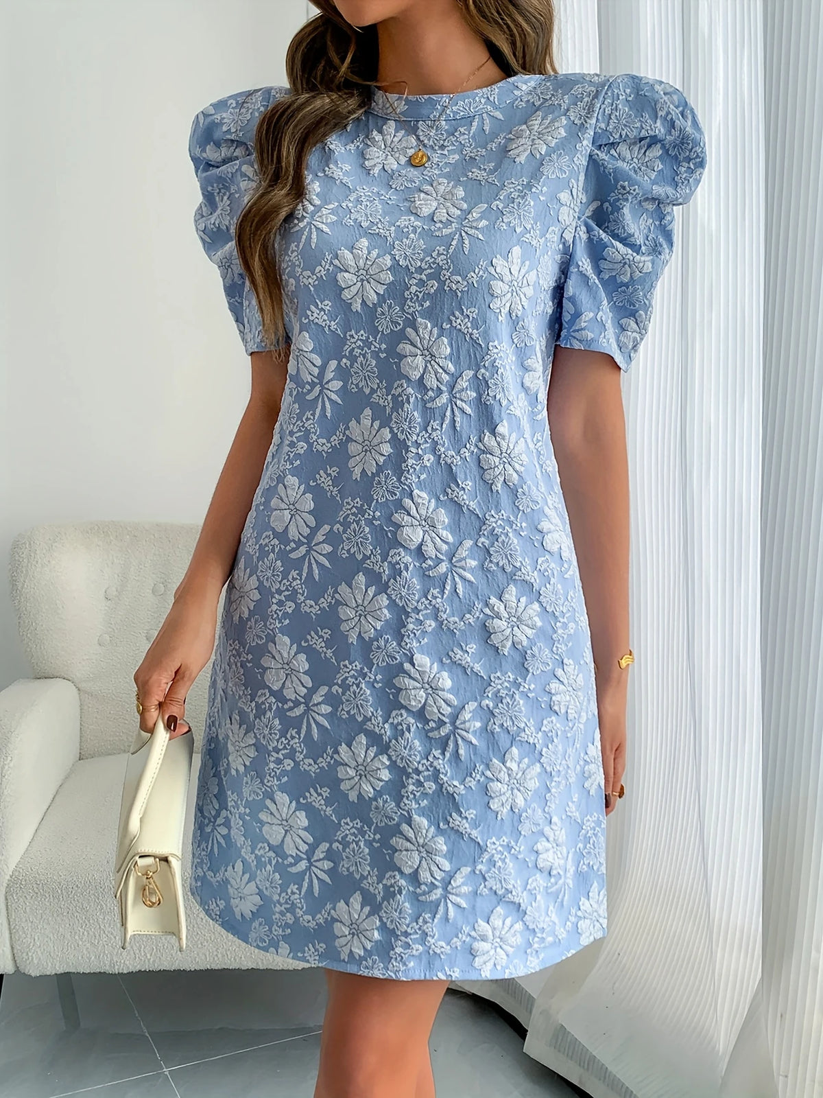 Elegantes Vintage-Kleid – Blumenmuster, Puffärmel, Rundhals, Ideal für Frühling & Sommer, Femininer Look