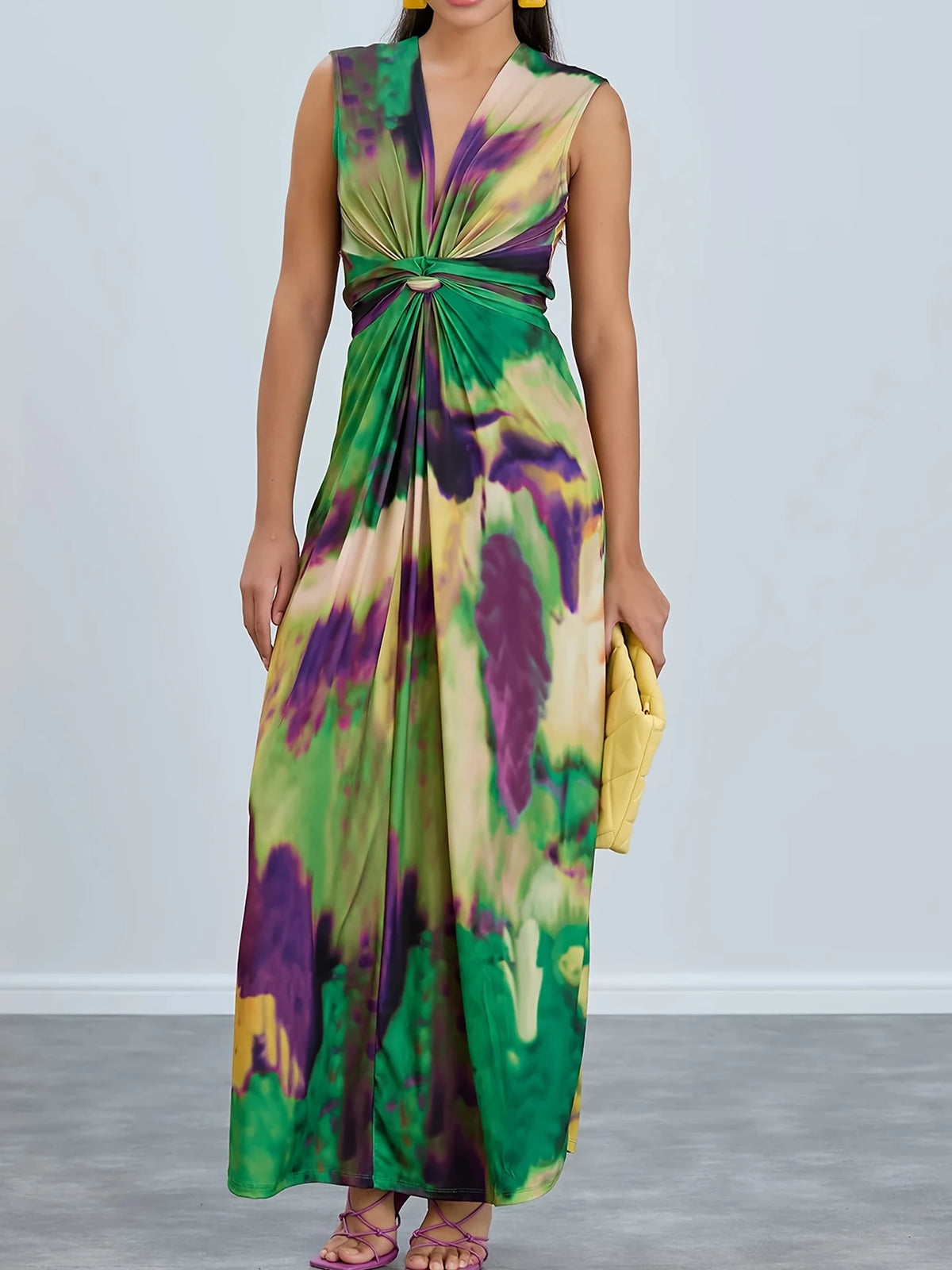 Elegantes Maxikleid mit Twist-Front – Buntes Tie-Dye-Design, ärmellos, luftiges Polyester für Frühling & Sommer